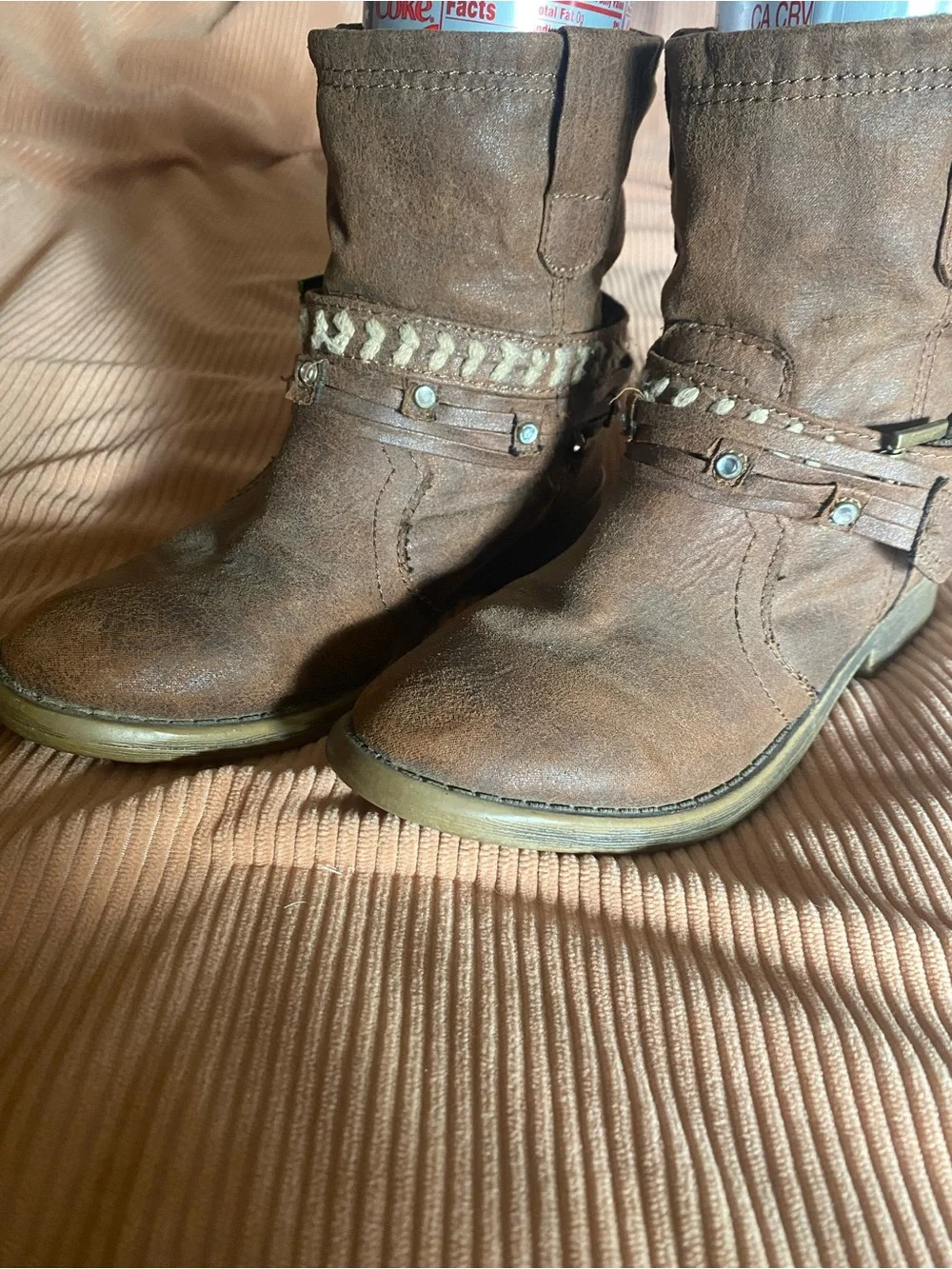 Justice Girls Brown Western Boho Slouchy Booties, Studded Straps Size 13